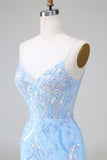 Sparkly Lilac Blue Corset Open Back Sequins Short Homecoming Dress With Embroidery