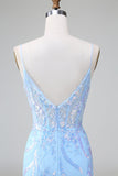 Sparkly Lilac Blue Corset Open Back Sequins Short Homecoming Dress With Embroidery