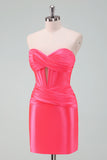 Hot Pink Satin Bodycon Sweetheart Short Homecoming Dress With Pleating
