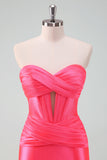 Hot Pink Satin Bodycon Sweetheart Short Homecoming Dress With Pleating