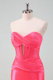 Hot Pink Satin Bodycon Sweetheart Short Homecoming Dress With Pleating