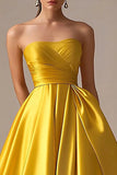 Yellow Strapless Satin A Line Long Formal Dress