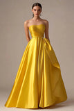 Yellow Strapless Satin A Line Long Formal Dress