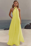 Simple White Halter A Line Chiffon Wedding Guest Dress