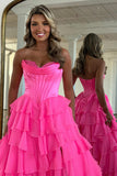 Fuchsia Princess Tiered Corset Strapless Prom Dress