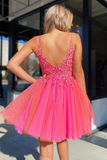 Hot Pink Tulle A-Line Short Homecoming Dress with Lace