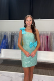 Sparkly One Shoulder Green Tight Homecoming Dress with Bows