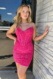 Sparkly Fuchsia Bodycon V-Neck Corset Homecoming Dresses with Sequins