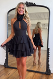 Black High Neck Short Homecoming Dress with Ruffles