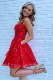 Red Sequins A-Line Homecoming Dress with Pockets