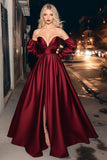 Burgundy A Line Sweetheart Ruched Long Prom Dress with Slit