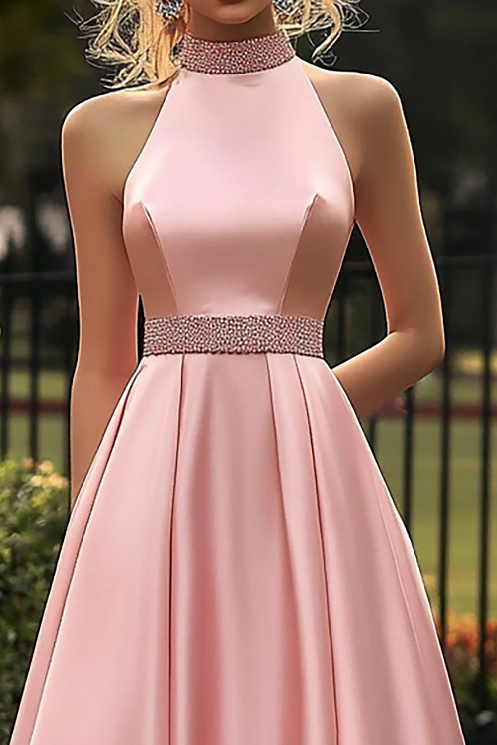Halter A Line Pink Satin Long Prom Dress