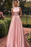 Halter A Line Pink Satin Long Prom Dress