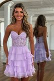 Tiered A Line Strapless Short Lilac Homecoming Dress with Appliques