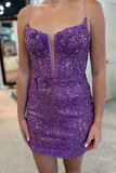 Purple Sequins Lace-Up Back Tight Short Homecoming Dress