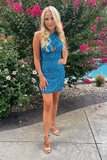 Glitter Halter Turquoise Backless Sequins Tight Homecoming Dress