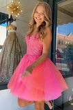 Hot Pink Tulle A-Line Short Homecoming Dress with Lace