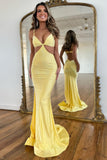 Glitter Yellow Spaghetti Straps Mermaid Hollow-out Prom Dress with Beading