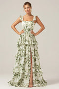Green A Line Tiered Lace Up Back Long Satin Floral Dress with Slit