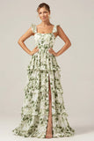 Green A Line Tiered Lace Up Back Long Satin Floral Dress with Slit