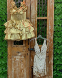 A-Line Sparkly Golden Sleeveless Ruffle Tiered Corset Homecoming Dress