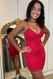 Red Bodycon Beading Spaghetti Straps Homecoming Dress