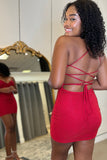 Red Bodycon Beading Spaghetti Straps Homecoming Dress