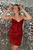 Sparkly Fuchsia Bodycon V-Neck Corset Homecoming Dresses with Sequins