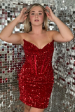 Sparkly Fuchsia Bodycon V-Neck Corset Homecoming Dresses with Sequins