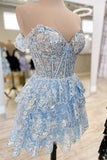 Blue Corset Tiered Lace A-Line Short Homecoming Dress
