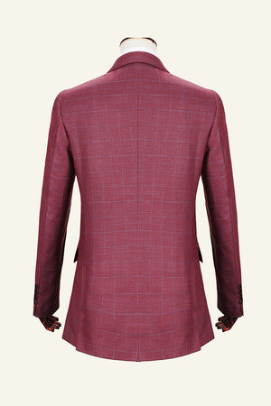 Burgundy Notch Lapel Plaid Vested 3 Piece Men's Suit