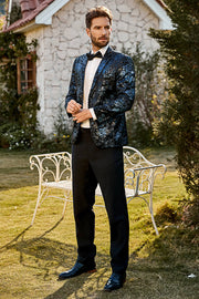 Black Blue Notch Lapel Printed Men Blazer