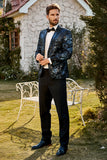 Black Blue Notch Lapel Printed Men Blazer