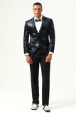 Black Blue Notch Lapel Printed Men Blazer