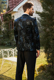 Black Blue Notch Lapel Printed Men Blazer