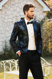 Black Blue Notch Lapel Printed Men Blazer