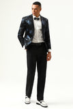 Black Blue Notch Lapel Printed Men Blazer