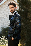 Black Blue Notch Lapel Printed Men Blazer