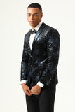 Black Blue Notch Lapel Printed Men Blazer
