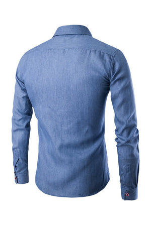 Blue Spread Collar Cotton Long Sleeves Shirt