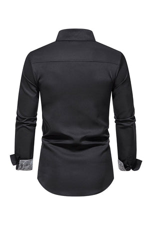 Black Spread Collar Printed Cotton Casual Shirt