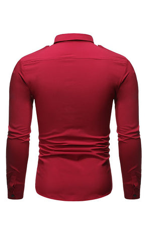 Burgundy Spread Collar Solid Patchwork Shirt
