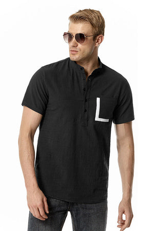 Black Printed Stand Collar Short Sleeves Casual T-Shirt