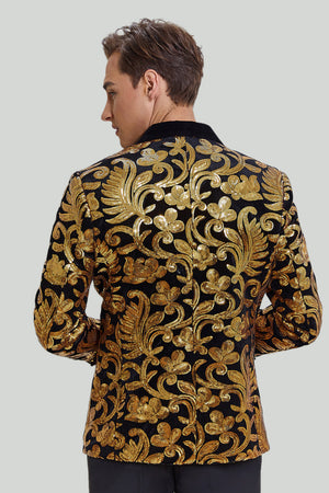 Gold Jacquard Men's Blazer Shawl Lapel One Button Suit Jacket