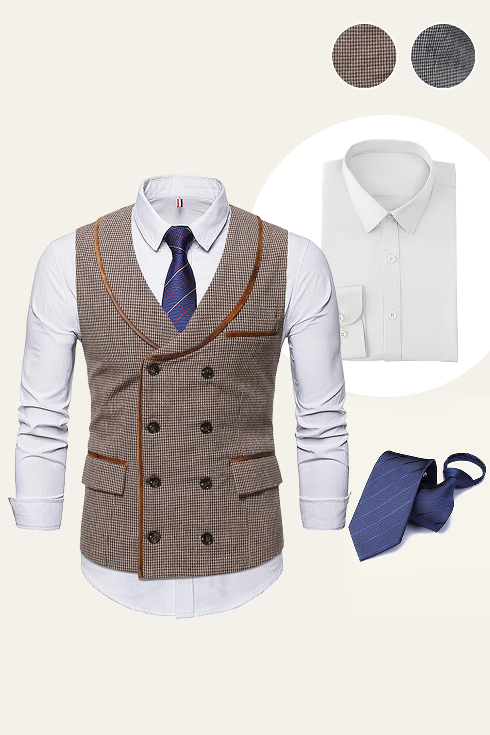Coffee Shawl Lapel Double Breasted Men's Suit Vest 3-Piece Set