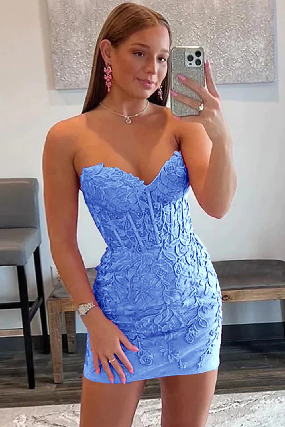 Pink Bodycon Corset Short Homecoming Dress with Appliques