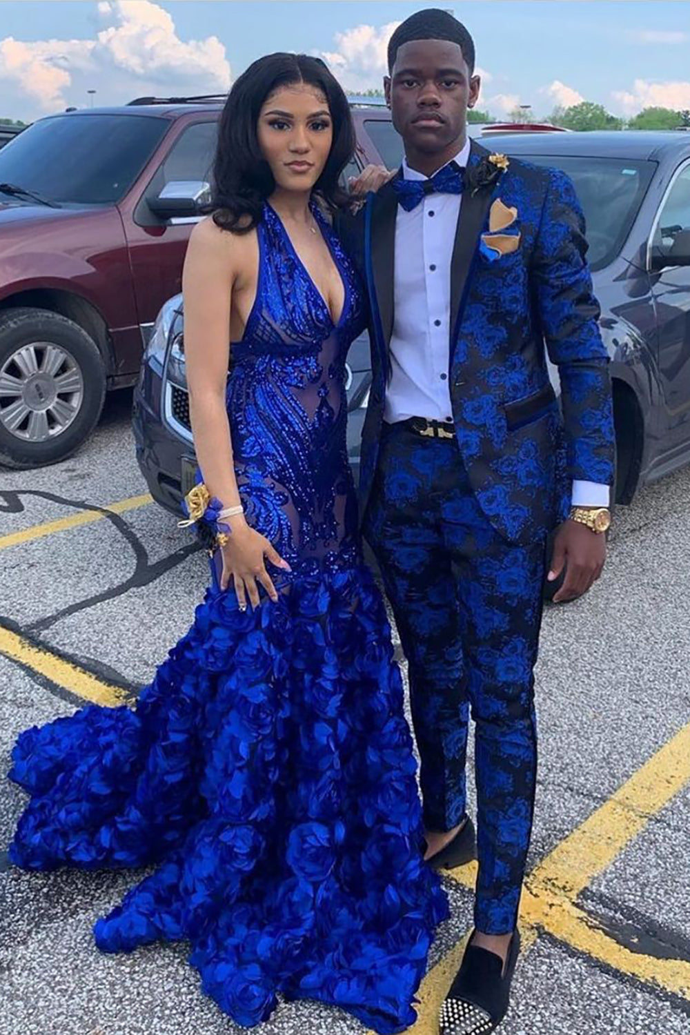 LVNES Men's Dark Blue Jacquard 2-Piece Prom Suits Peak Lapel One Button ...