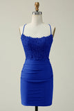 Stylish Sheath Spaghetti Straps Royal Blue Short Homecoming Dress with Appliques