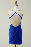 Stylish Sheath Spaghetti Straps Royal Blue Short Homecoming Dress with Appliques