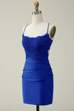 Stylish Sheath Spaghetti Straps Royal Blue Short Homecoming Dress with Appliques